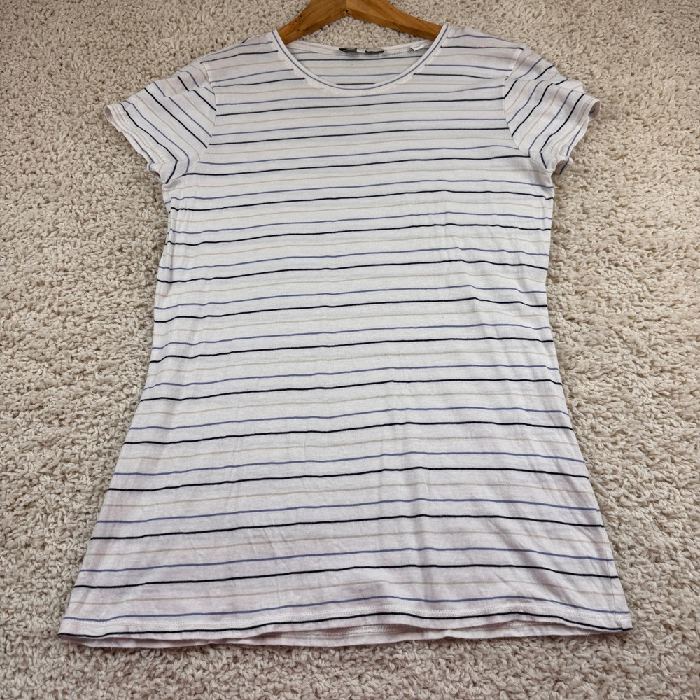 Vince T-Shirt Women Medium White Blue Striped Short Sleeve Crew Neck Excellent